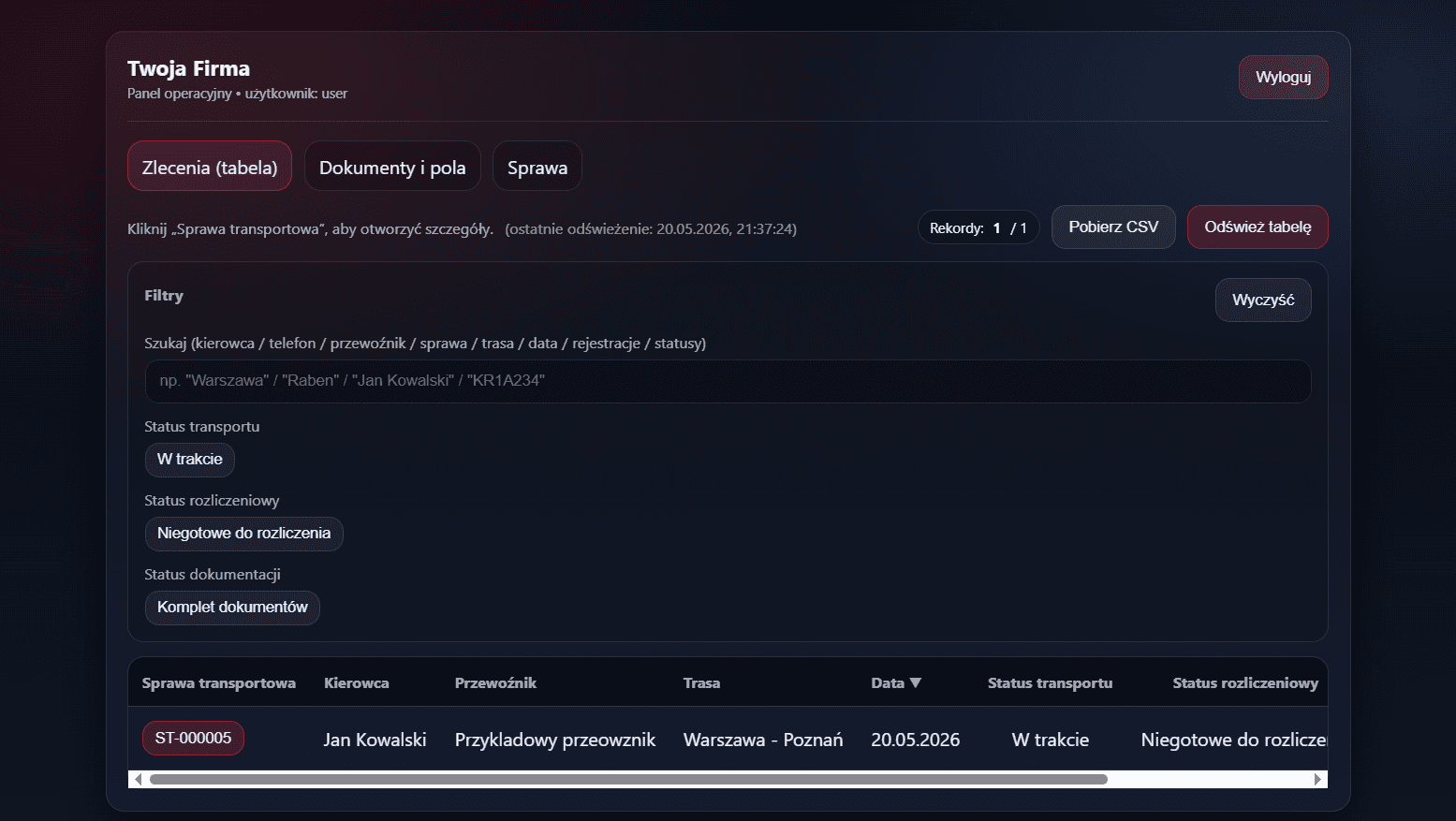 Panel CargoFlow — lista spraw transportowych